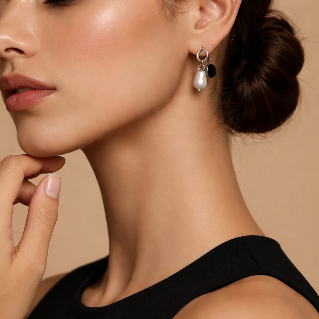 Pendientes de aro de acero con colgante de perla