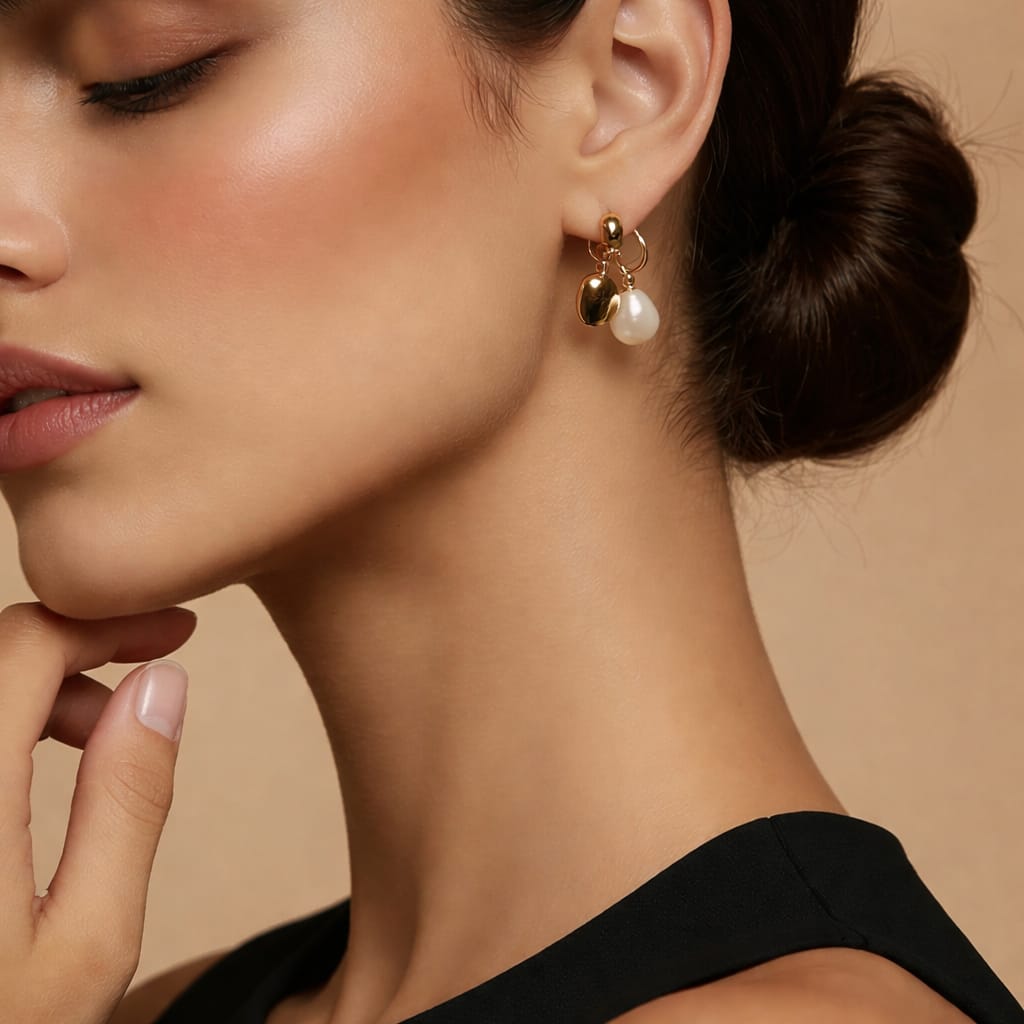 Pendientes de aro de acero con colgante de perla